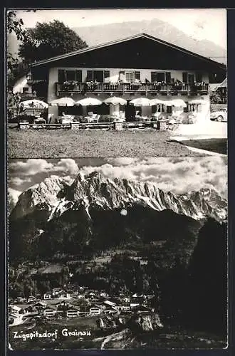 AK Grainau, Das Zugspitzdorf aus der Ferne und Gasthaus Alpenrose