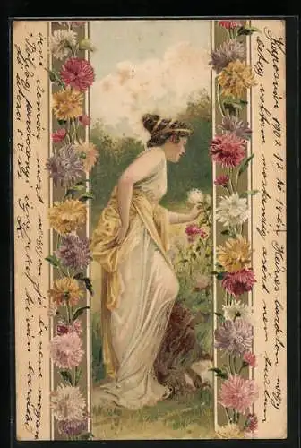 AK Jugendstil, Junge Frau mit Blumen