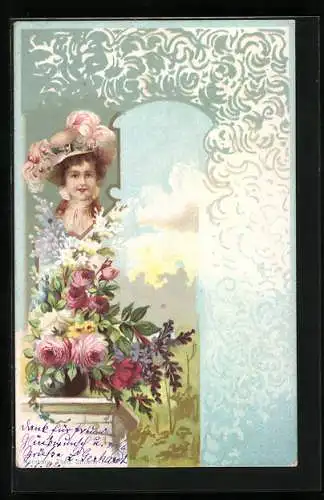 AK Frauenkopf mit toller Kopfbedeckung und Vase mit Blumen, Jugendstil