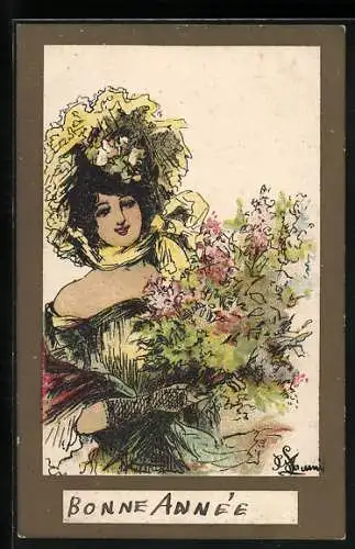 Künstler-AK Hübsche Frau mit einem Blumenstrauss im Jugendstil