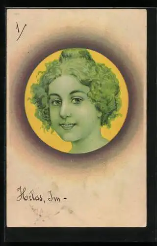 Lithographie Damenportrait in grellen Farben, Jugendstil