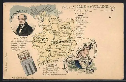 AK Rennes, Ille et Vilaine, Chateaubriand, Dugay-Trouin, Landkarte mit Montfort, Vitré u. Fougères