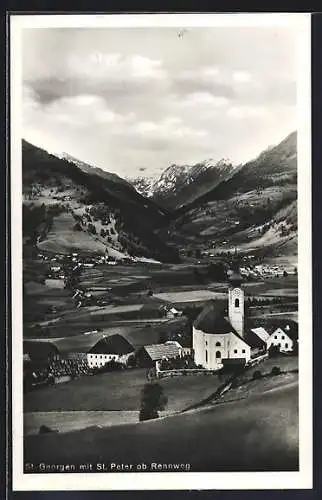 AK St. Georgen, Kirche vom Berghang aus gesehen