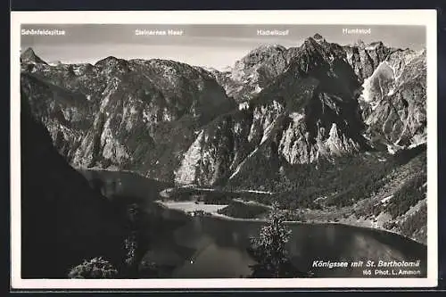 AK Königsee / Berchtesgaden, Teilansicht mit St. Bartholomä, Hundstod, Schönfeldspitze und Hachelkopf