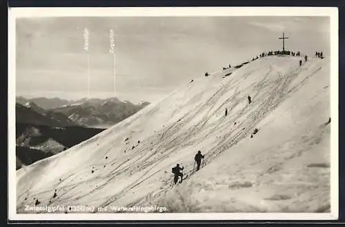 AK Zwiesel / Bayern, Gipfel mit Gipfelkreuz und Wettersteingebirge, Alpspitze und Zugspitze