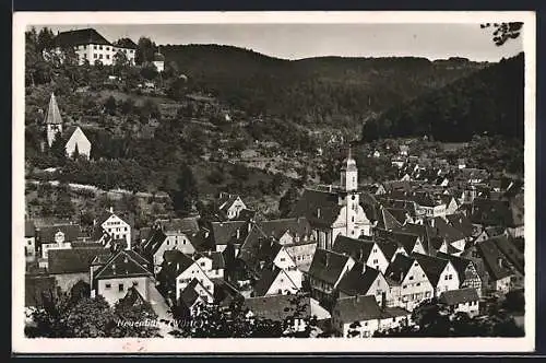 AK Neuenbürg / Schwarzwald, Ortsansicht mit Kirche und Blick auf den Schwarzwald