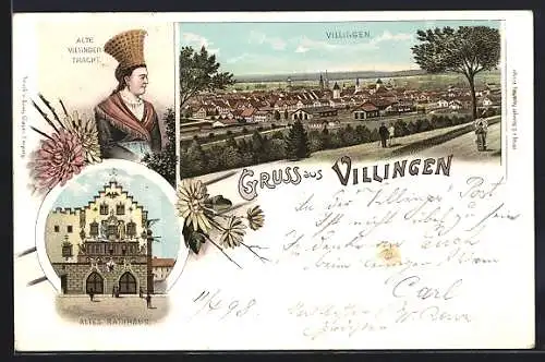 Lithographie Villingen / Schwarzwald, Gesamtansicht, Rathaus & Frau in Tracht