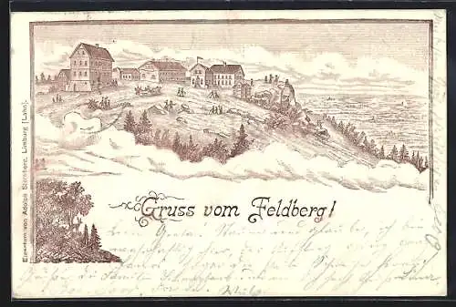 Lithographie Feldberg / Taunus, Panorama mit Hotel