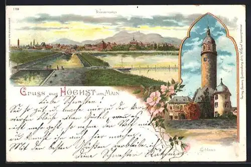 Lithographie Höchst a. M., Schlossansicht mit Panorama