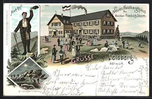 Lithographie Feldberg / Taunus, Neues Feldberghaus Restauration Fr. Sturm, Wanderer mit Hut, Brunhildisfelsen