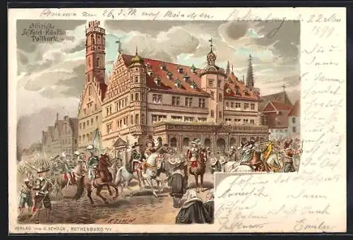 Künstler-Lithographie Rothenburg / Tauber, Tillys Einzug anno 1631