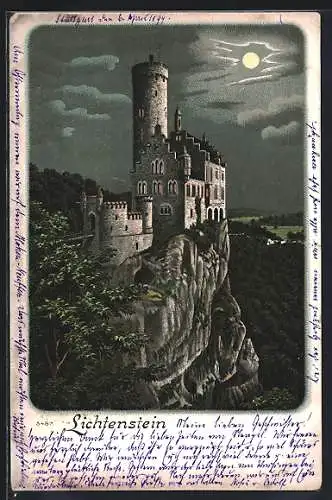 Lithographie Lichtenstein / Honauertal, Blick zur Burg bei Mondschein