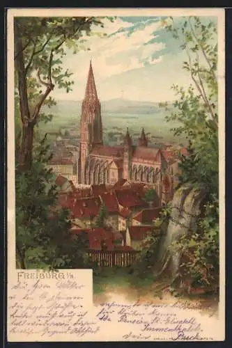 Lithographie Freiburg / Breisgau, Ortsansicht mit Münster