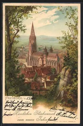 Lithographie Freiburg / Breisgau, Ortsansicht mit Dom