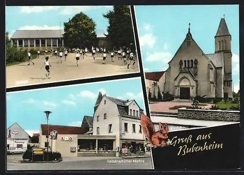 AK Bubenheim / Koblenz, Lebensmittelgeschäft Elfriede Mohrs, Schule und Kirche