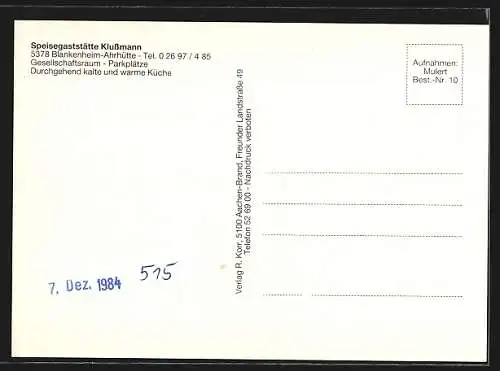 AK Blankenheim-Ahrhütte / Eifel, Gaststätte Klussmann mit Innenansicht