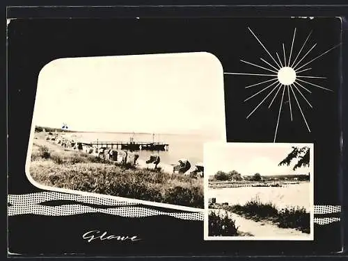 AK Glowe / Rügen, Strandbad und Hafen im Meer-Passepartout