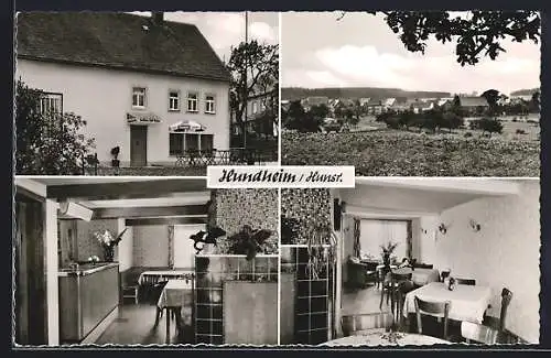 AK Hundheim / Hunsrück, Ortsansicht und drei Ansichten vom Gasthaus Emil Wagner