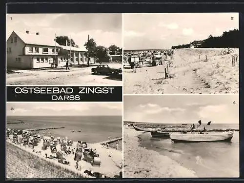 AK Zingst / Darss, FDGB-Erholungsheim Stranddistel, Dünenhaus am Strand und Strandpartien