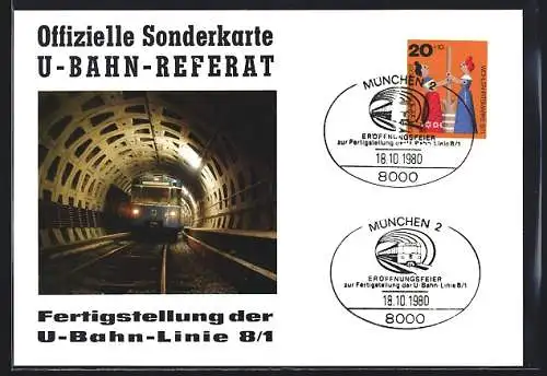 AK München, Offizielle Sonderkarte U-Bahn-Referat Fertigstellung der U-Bahn-Linie 8 /1-1980