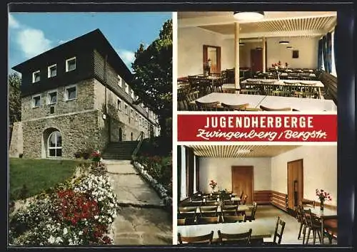 AK Zwingenberg / Bergstrasse, Jugendherberge Frontalansicht, Speisesaal