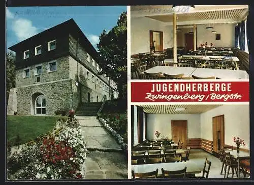 AK Zwingenberg / Bergstrasse, Jugendherberge Frontalansicht, Speisesaal