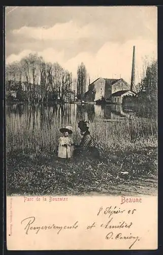 AK Beaune, Parc de la Bouzaize avec étang et personnages au bord de l`eau