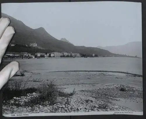 Fotografie Stengel & Co., Dresden, Ansicht Gardone Riviera, Blick vom Strand nach dem Ort, Grossformat 28 x 22cm