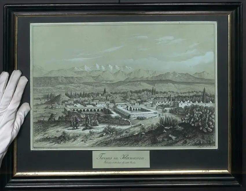 Handzeichnung Kreide / Kohlezeichnung Tarsus in Kleinasien 1853 von August Florian Auer, mit Weiss geht, 54.5 x 41cm 0