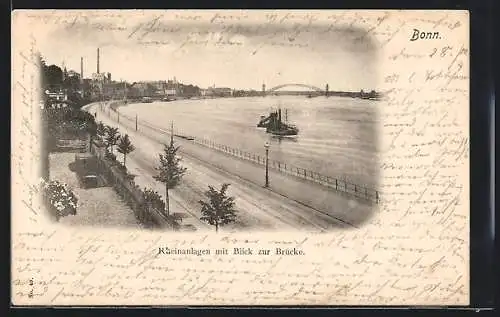 AK Bonn, Rheinanlagen mit Blick zur Brücke