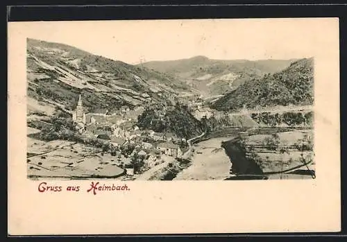 AK Heimbach / Aachen, Blick über den Fluss und den Ort auf die Kirche