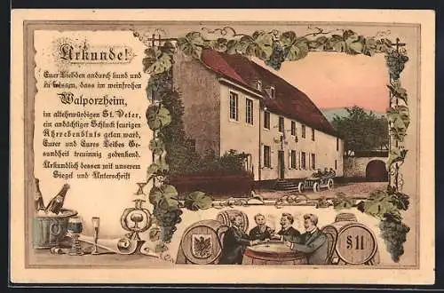 AK Walporzheim, Weinhaus St. Peter, Aussenansicht u. Stammtischgruppe beim Weintrinken, Urkunde