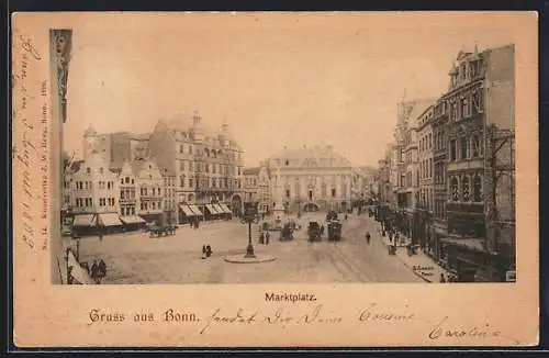 AK Bonn, Marktplatz mit Pferdebahn, Geschäfte, Leute