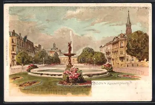 Lithographie Bonn, Kaiserplatz mit Fontäne und Kirche