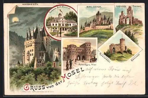 Lithographie Bad-Bertrich / Mosel, Curhaus, Burg Cochem, Porta-Nigra Trier