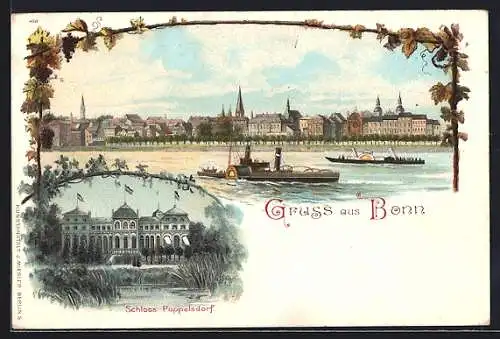 Lithographie Bonn, Schloss Poppelsdorf und Ansicht Stadt vom Fluss aus