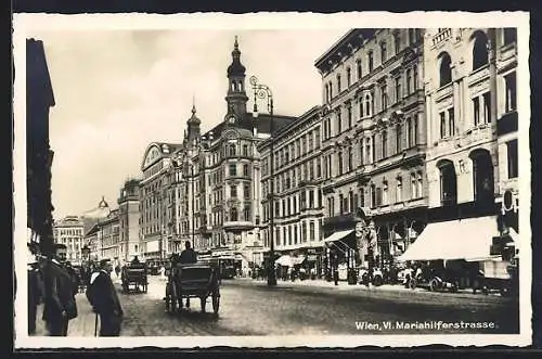 AK Wien, Mariahilferstrasse, Fiaker und Geschäfte