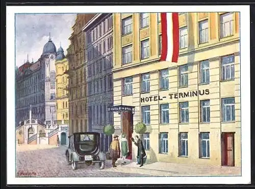 Künstler-AK Wien, Hotel und Pension Terminus, Fillgradergasse 4