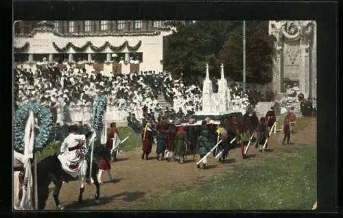 AK Wien, Huldigungsfestzug 1908, Rudolf IV. der Stifter, Das Modell der Stephanskirche