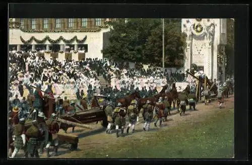 AK Wien, Jubiläumsfestzug Kaiserhuldigung 12. Juni 1908, Soldaten mit alten Kriegsgeräten zur Zeit Albrecht I.