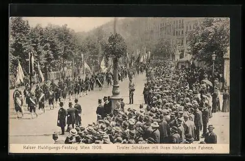 AK Wien, Kaiserhuldigung (Festzug Jubiläum 1908) - Fahnenzug, Herren mit Zylindern