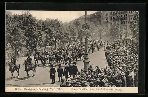 AK Wien, Kaiserhuldigungs-Festzug 1908, Fanfarenbläser und Banderien aus Krain