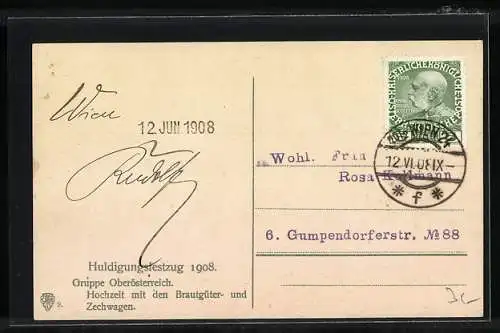 AK Wien, Huldigungsfestzug 1908, Gruppe Oberösterreich, Hochzeit mit den Brautgüter- und Zechwagen