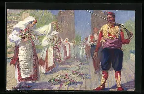 Künstler-AK Wien, Kaiser-Jubiläums-Huldigungsfestzug 1908, Nationalitätengruppe Dalmatien