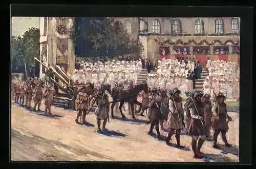 Künstler-AK Wien, Kaiser-Jubiläum Huldigungs-Festzug 1908, Auszug von Wiener Bürgern zur Zeit König Albrechts I.