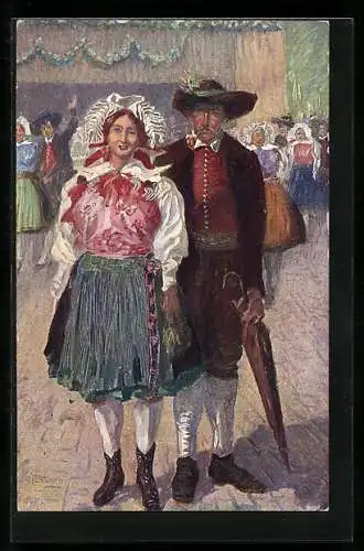 Künstler-AK Wien, Kaiser-Jubil.-Huldigungsfestzug 1908, Mann und Frau in Tracht auf dem Festzug