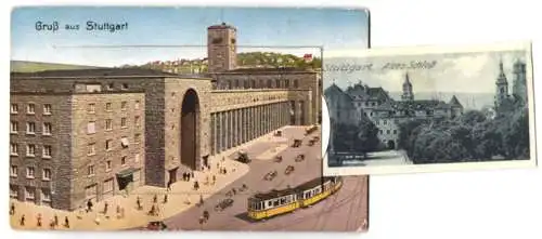 Leporello-AK Stuttgart, Hauptbahnhof mit Ansichten von Landestheater, Königsbau, Rathaus, Marktplatz