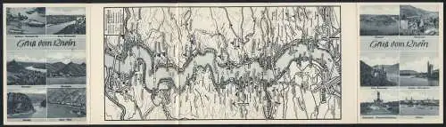 Klapp-AK Koblenz, Karte des Rheinverlaufes, Ansichten von verschiedenen Orten am Fluss, Braubach, Loreley, Mainz, etc.
