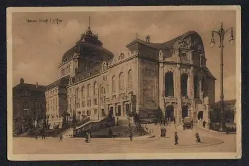 Siegelmarken-AK Freiburg i. B., Neues Stadttheater, rückseitig drei Siegelmarken mit Ansichten Rathaus, Universität etc.