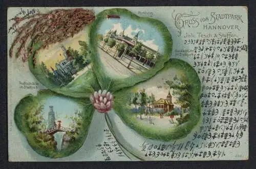 Lithographie Hannover, Weinrestaurant im Stadtpark, Hundinghütte und Teufelsbrücke im Kleeblatt, Trockenblume